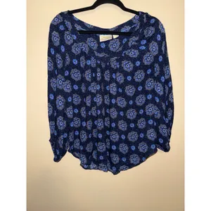 Maeve Anthropologie Navy Blue Floral Medallion V-Neck Peasant Blouse Size 4‎ thumbnail 2