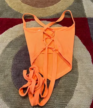 SheIn Like-New Y2K Orange Ribbed Hankercheif Open Back Tie Crop Tank Top Small thumbnail 2