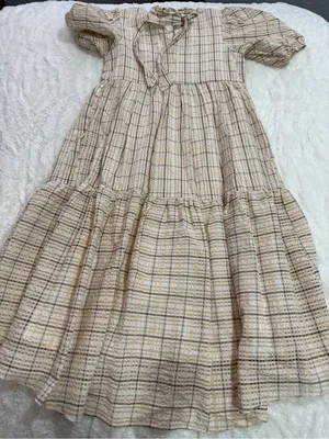 English Factory Plaid Puff Sleeve Tiered Midi Dress Small Neutral Cottagecore thumbnail 7