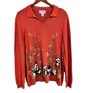 Alfred Dunner Panda Bamboo Embroidered Sweater Coral Ramie Cotton XL 6349 thumbnail 2