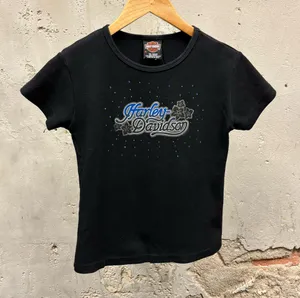Harley Davidson Black Rhinestone Detail Short Sleeve Blue Logo Baby Tee Medium M thumbnail 1