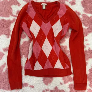 Forever 21 Vintage Y2K Coquette Pinterest Girl Sweater 💌 Orange Pink Argyle Knit Small thumbnail 1