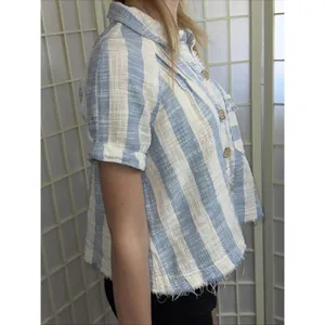 We the Free Classic Boho‎ Beach Gauze Cropped Fringe Striped Button Blouse Small thumbnail 7
