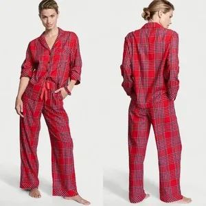 Victoria’s Secret Flannel Long PJ Set in Lipstick Bold Lurex Plaid Small thumbnail 2