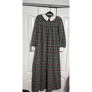 Vintage Plaid Maxi Dress Cottagecore Green Red Peter Pan‎ Collar Long Sleeve thumbnail 2