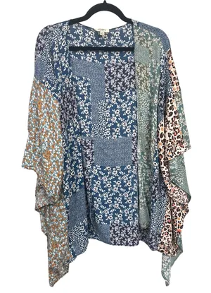 Umgee Women Blue Patchwork Print Floral Leopard Open Front Kimono Wrap Boho S/M thumbnail 1