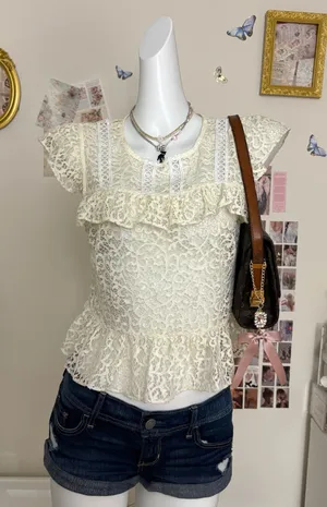 Vintage Bebe Cream Floral Sheer Lace Flutter Sleeve Peplum Top Extra Small XS thumbnail 1