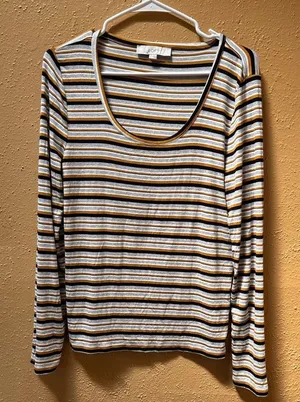 Loft Striped Long Sleeve Scoop Neck Top Mustard Black Grey White Ribbed Large thumbnail 1