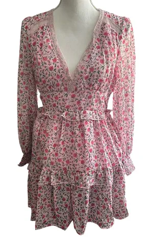 Pink Floral Long-Sleeve V-Neck Ruffled Mini Dress thumbnail 1
