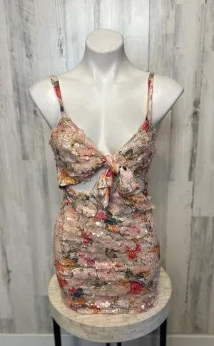Kira Kira Sequin Floral Bodycon Dress with Front Tie Cutout – Size Large thumbnail 1