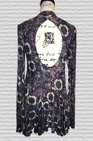 Free People MED Plum Floral ANNABELLE TUNIC Top Mini Dress Open Back Boho Sexy thumbnail 4