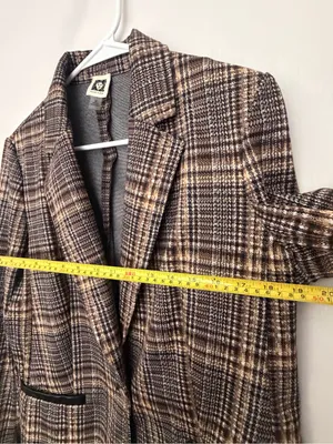 Anne Klein Women Plaid Single Button Knit Blazer Faux Leather Trim Size M(A899) thumbnail 3
