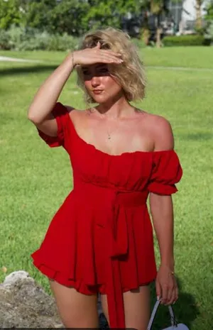 Red Off-Shoulder Tie-Waist flowy dress romper built in shorts. Ladies small thumbnail 1