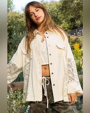 POL Cream Lace Detail Button-Up Top thumbnail 2