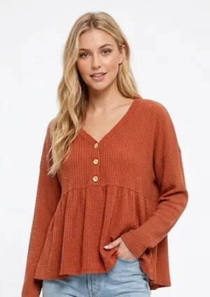 PEACH LOVE CALIFORNIA rust color waffle knit size large top thumbnail 1