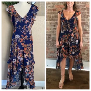 NWOT Lulus Stunning Favorite Navy Blue Floral Ruffled High-Low Maxi Dress thumbnail 12