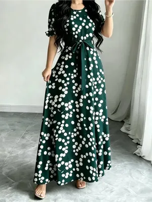 Polka Dot Maxi Dress in Dark Green with Belt thumbnail 5