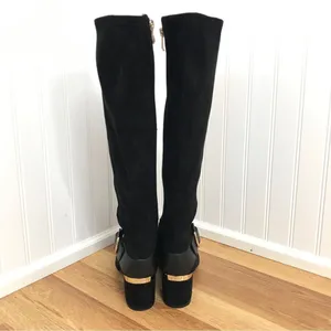 DKNY Caira Black Gold Vegan Suede Knee High Boot Buckle‎ Chunky Heel Size 6 New thumbnail 5