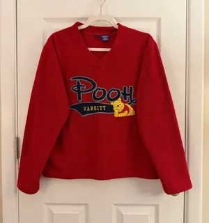 Disney Vintage Winnie the Pooh Red Varsity Fleece V Neck Pullover Sweater Medium thumbnail 1