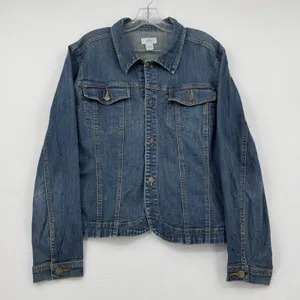 Shore Denim Jacket Women Size L Medium Wash Stretch Button Front Classic Boho thumbnail 1