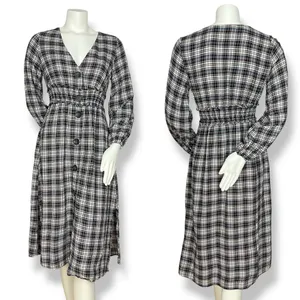 Zara Plaid Dress Shirred Smocked Long Sleeve V-Neck‎ Midi Women Size Medium thumbnail 2