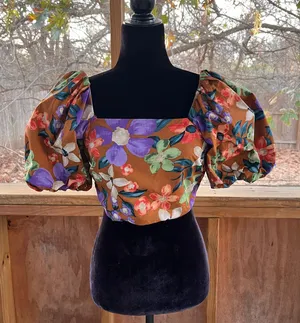 Current Air Los Angeles Women's Brown Floral Puff Sleeve Crop Top Size S thumbnail 1