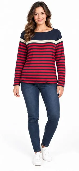 Tommy Hilfiger Women’s L Red Navy Gold Striped Cotton Sweater thumbnail 1