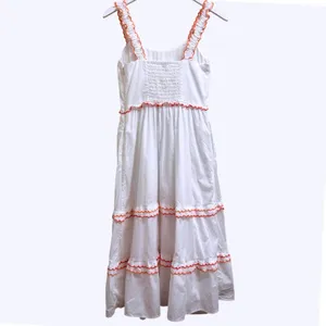 J.Crew White Cotton Scalloped-Trim‎ Tiered Midi Dress Size 0 Pockets Resortwear thumbnail 4