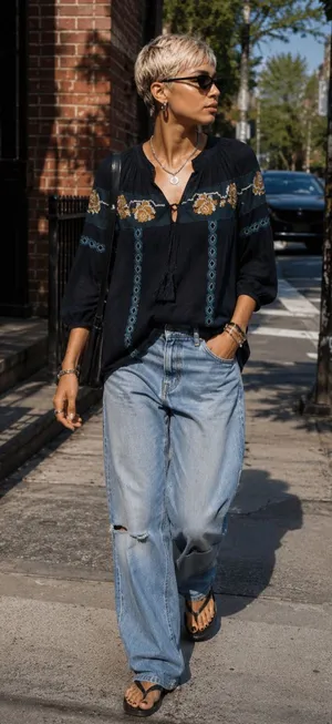 Lucky Brand Embroidered Boho Peasant Blouse Tie Neck M thumbnail 1