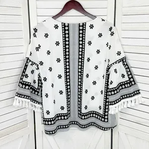 Soho New York & Comp Boho Fringe‎ Hem Floral Popover Shirt White Black Large thumbnail 9