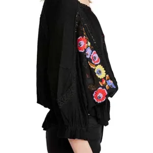 Free People Serafina Black Embroidered Lace Crochet Boho Festival Blouse Top M thumbnail 9