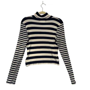 Madewell Women Navy Cream Striped Ribbed Turtleneck Long Sleeve Top Size L‎ thumbnail 6