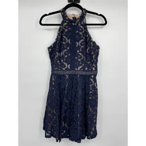 Blu Pepper Womens A-Line Flared Dress Crochet Lace Overlay Blue Medium NEW thumbnail 11