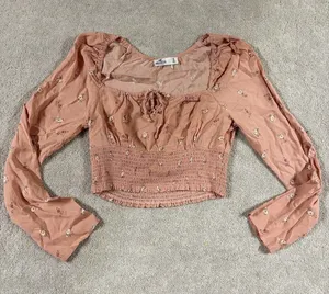 Hollister pink Floral Print Long Sleeve Cropped Blouse Elastic‎ Waist Size S EUC thumbnail 1