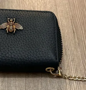 Black Leather Zip-Around Wallet with Gold Bee Accent and Chain RFID thumbnail 1