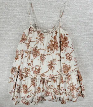 Abercrombie & Fitch Babydoll Cami Top Womens M White Brown Floral Tiered Tunic thumbnail 1
