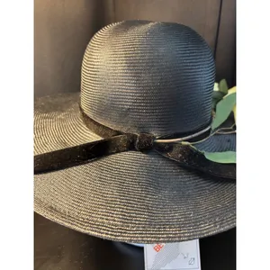 Vintage Betmar New York Black Wide Brim Sun Hat Yellow Floral Velvet Ribbon NWT thumbnail 7