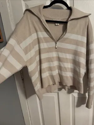 Sincerely Jules Beige and White Striped Half-Zip Sweater thumbnail 5