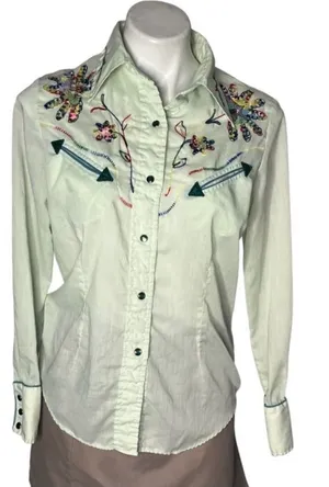 H BAR C Ranchwear California Western Shirt Green Embroidered Vintage 1970’s thumbnail 1