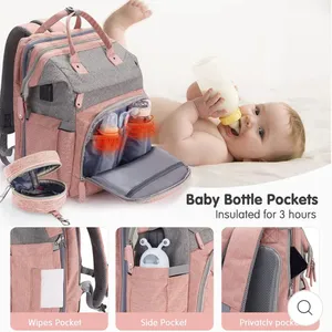 MULTI Compartment diaper bag with changing pad, USB & foldable crib Pink thumbnail 12