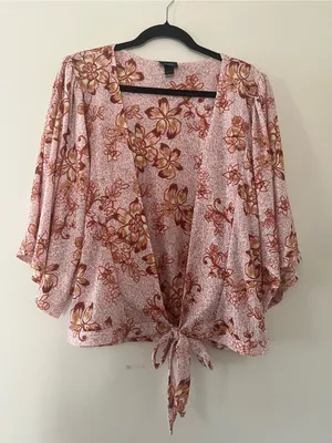 Pink Floral Wrap Front Kimono Sleeve Top Large Resort Vacation Tropical Blouse thumbnail 1