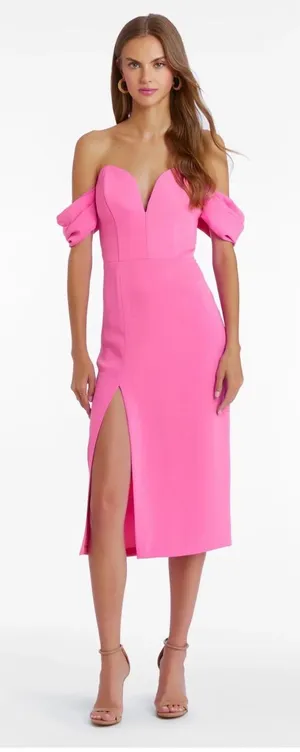 Amanda‎ Uprichard Victoria Pink Off Shoulder Midi Dress NWT L Barbiecore Wedding thumbnail 1
