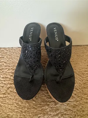 VENUS Black Rhinestone Embellished Cork Platform Wedge Thong Sandals New Size 7 thumbnail 3
