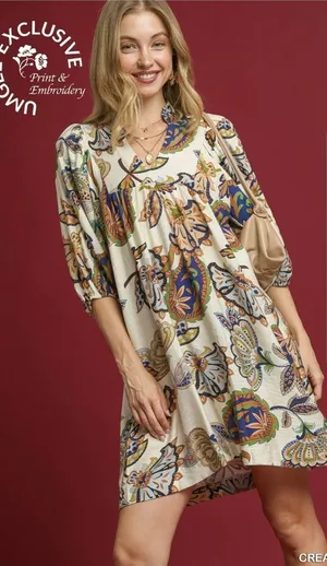 Umgee Abstract Paisley‎ Puff Sleeve Boho Babydoll Mini Dress Size Small thumbnail 1