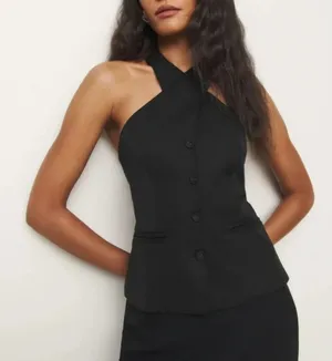 Reformation | Tate 100% Linen Halter Button Vest Top in Black | size 6 thumbnail 1