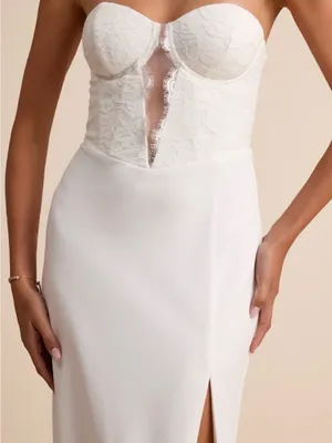 Lulu's Strapless White Lace Bustier Gown with Thigh Slit thumbnail 2