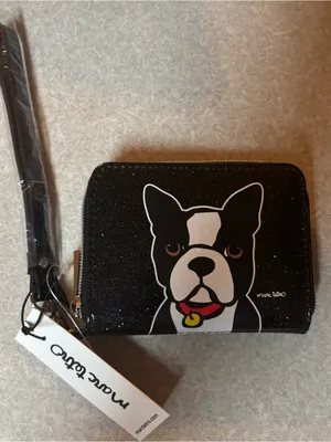 NEW Marc Tetro Black Sparkle Boston Terrier Dog Zip Around Preppy Wristlet Small thumbnail 1