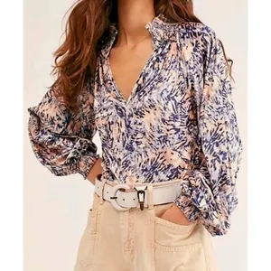 FREE PEOPLE Smocked Crushed Velvet Top Blouse Go Get 'Em Tiger Animal Small thumbnail 5