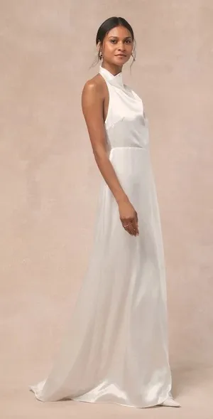 NWT Lulus Meliana White Satin Halter Backless Maxi Dress Wedding Gown Bride Sz S thumbnail 1