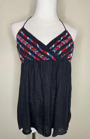 Y2k American Eagle Black Embroidered Halter Top Babydoll Sz Large Boho Festival thumbnail 1